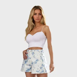 PinkyMoor Women’s Denim Shorts – Snowflake Print, Mid-Low Waist, Summer Hip-Lifting, Blue Tie-Dye, Casual Slim Fit, High Waist, Stretchy, Breathable, Trendy Summer Bottoms