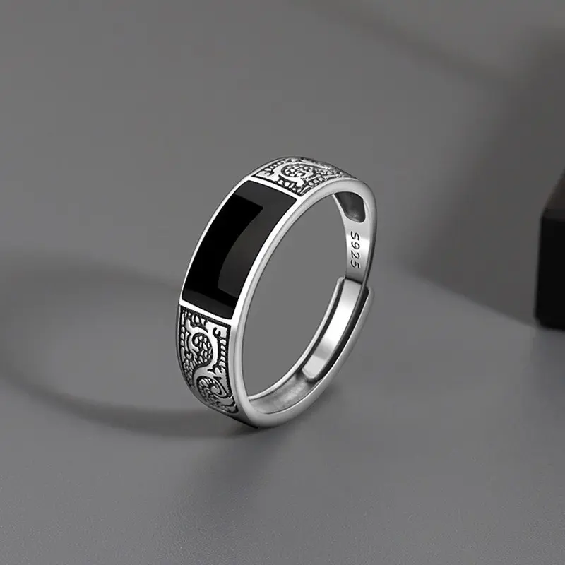 Trendy 925 Sterling Silver Ring for Men Jewelry Black Rectangle Retro Dragon Pattern Ring Male Open Rings Finger Accessories