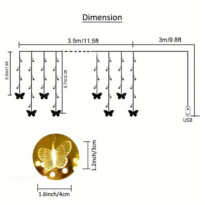LED String Light, LED Butterfly Curtain Light, 21.3ft/255.9inch 8 Modes USB Charger Window Twinkle String Lights With Remote Control, 96 LEDs Copper Wire Fairy Lights For Room Christmas Wedding Party Decoration graduation leis graduation decorations