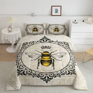 Feelyou Kawaii Bee Animal Themed Bedding Set - Retro 70s-80s Grunge Style Quilted Comforter Bedspread Decorative Set with Duvet Insert, Travel-Friendly, Multi-Size Options, Bedspread Set, Decorative Bedding Set