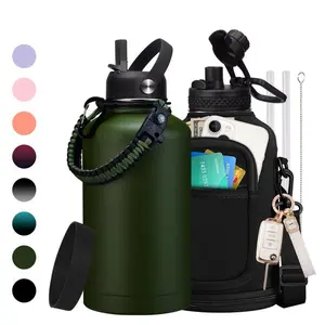 32/40/64/128oz Stainless Steel Insulated Water Bottle, Half Gallon Vacuum Flask Water Bottle - Big Water Jug with Straw & Spout Lid, Paracord Handle, Carrier Bag