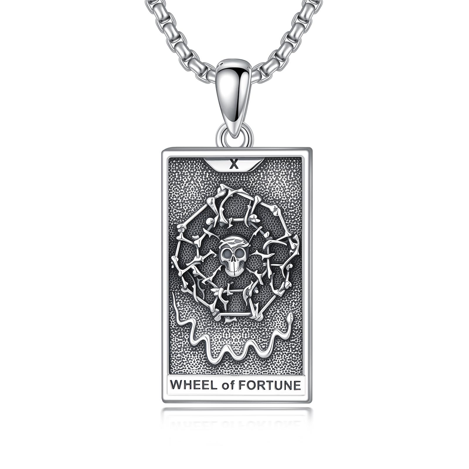 MEIDERBO Dream Chaser Wheel of Fortune Necklace 925 Sterling Silver Oxidized Finish Tarot Pendant Stainless Steel Bead Chain 22+2 Inch Bella Chain Lucky Jewelry