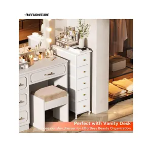 New 2024  GINRGINR Narrow Storage Tower 5 Slim Chest Of Drawers With Steel Frame Wood Top Golden Knobs Dresser For Bedroom Bathroom Small Spaces Laundry Closet 19.2 D 10 W X 34.84 H White