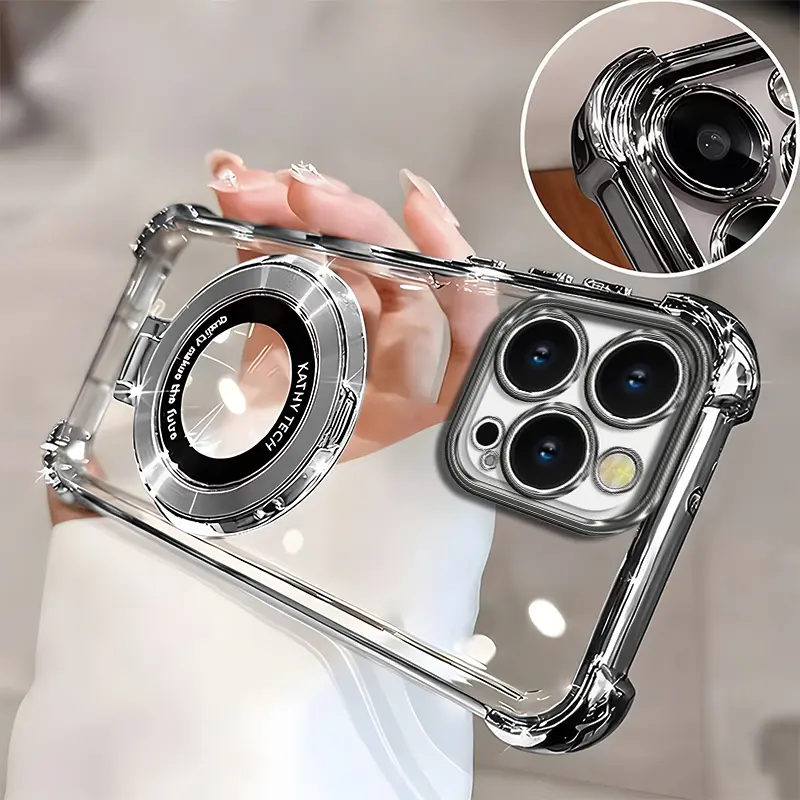 Suitable for [iPhone 15 Pro Max] high-end phone case🥰, Electroplated Luxury Clear Phone Case with Ring Stand Holder 4-Corner Shockproof Camera Protective Cover 952