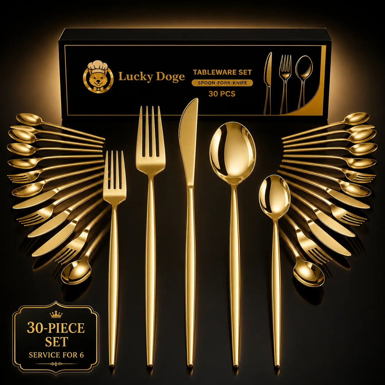 Gold 30-Piece Cutlery Set for 6 - Daily Elegance Kitchen Tableware with Dinner Knife, Fork, Spoon, Salad Fork, Teaspoon, Gift Box - Christmas Gift