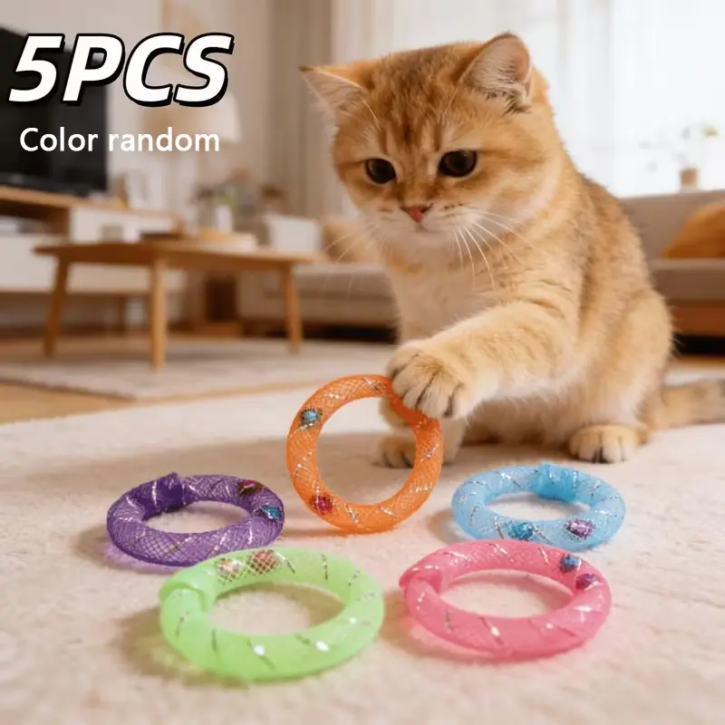 Colorful Mesh Tube Spring Ring Cat Toy with Bell, Durable Bite-Resistant Interactive Self-Amusement Kitty Chew Toy, Indoor Pet Entertainment Exercise for Kittens