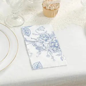 50-Pack Paper Dinner Napkins 2-Ply White with Matte Blue French Toile Floral Pattern - Soft Disposable Party Napkins