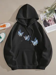 Women's Butterfly Print Hoodie, Fashion Casual Long Sleeve Hooded Sweatshirt for Daily Holiday Outdoor Wear, Women Clothing for Fall & Winter, Womenswear
