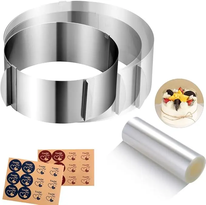 Cake Rings Mousse Mold Collar Set - Adjustable 6 to12 Inches Stainless Steel Baking Rings Round Cake Molds with 5.5 x 394 Inch Clear Cake Acetate Sheet Rolls for Baking Pastry, Decor