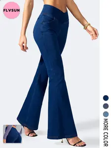FLVSUN- Flare Jeans for Women Crossover High Waisted Bell Bottom Jeans Trendy Yoga Pants Stretchy Flare Leggings with Pockets Y2k Butt Lifting Jeggings  Minimalist Basic