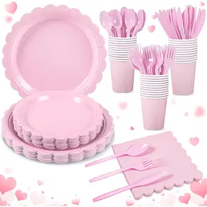 175 Pcs Pink Paper Plates and Napkins, Valentines Plates Light Pink Party Supplies Include Pink Scalloped Plates Napkins Cups Plastic Spoons Forks Knives for Baby Shower, Wedding, Birthday