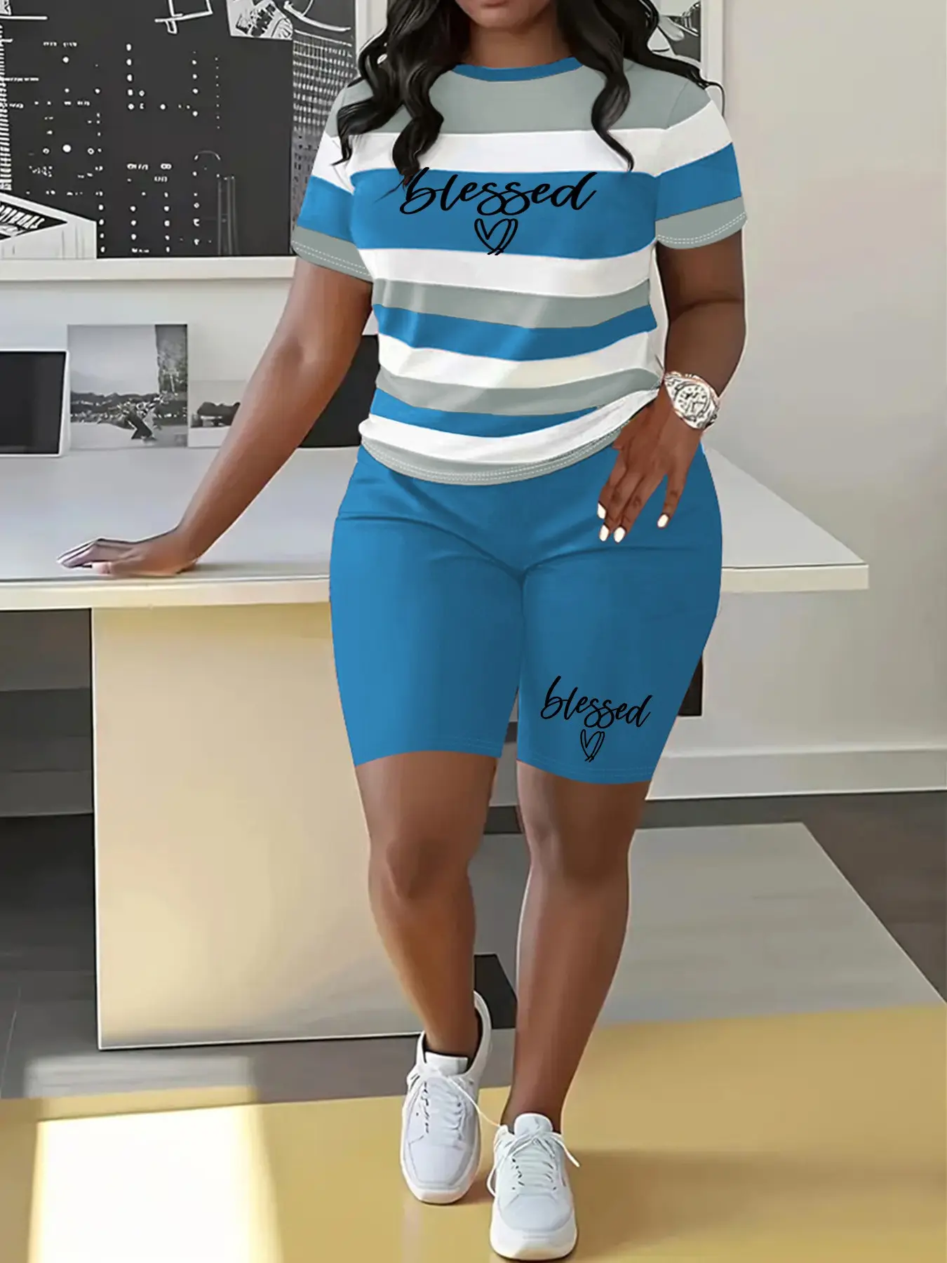 Letter Print Striped Summer Casual Round Neck Short Sleeve Top and Shorts Set, Two-Piece Womenswear for Spring and Summer Casual Style Set