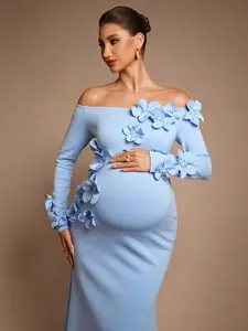 BELLAdresses Elegant Off-Shoulder Floral Decor Maternity Party Dress Luxury Evening Dress  Chic Evening Dress Elegant   Baby Shower Dress Baby Blue Maternity Dress