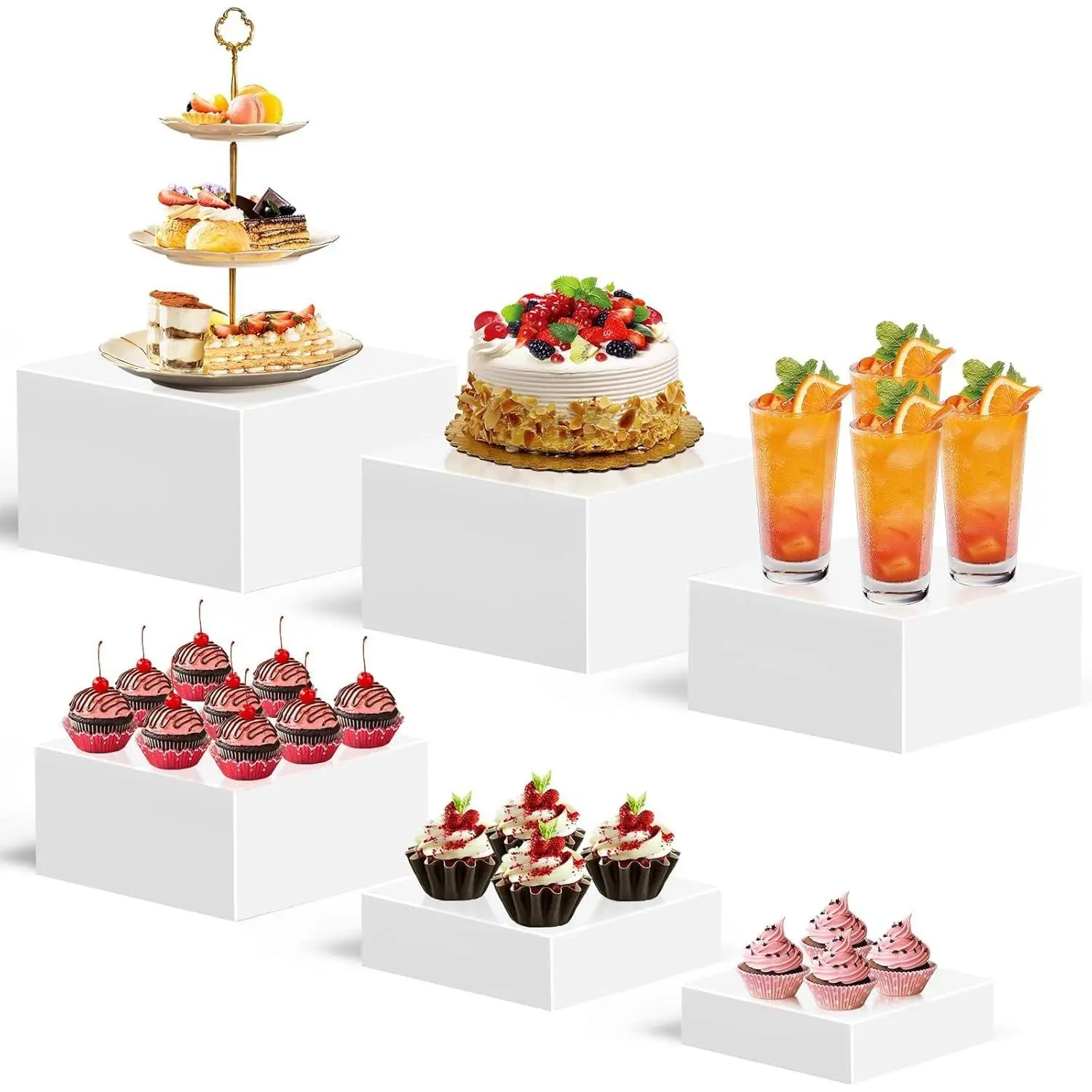 6PCS Acrylic Buffet Risers Set, Clear Display Stands for Dessert Table, Catering Food, Jewelry & Collectibles, Stackable Cube Shelf