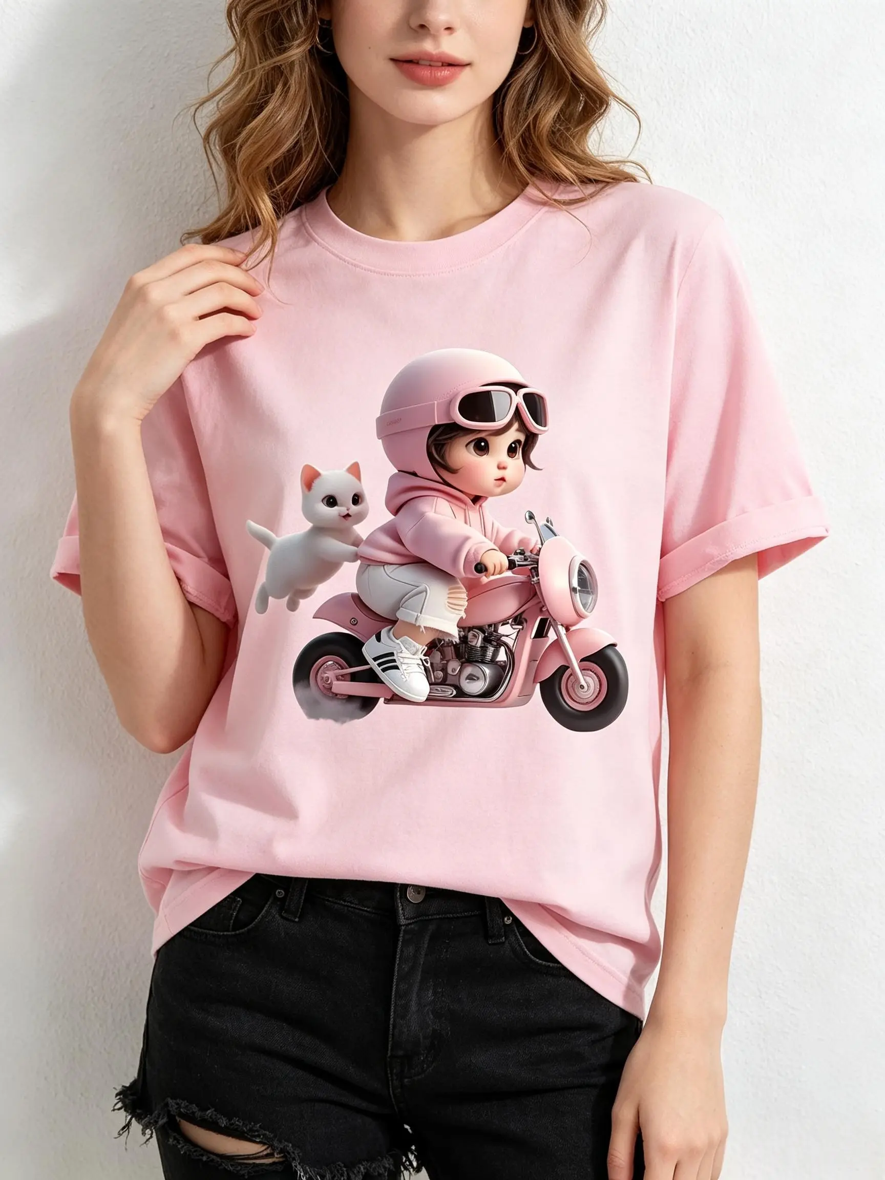 Women's Fitted Comfortable Cotton Fabric Short-Sleeve Pink Crew Neck Graphic T-Shirt - Viral TikTok Kawaii Streetwear, Chibi Girl With Biker Helmet, Motorcycle & White Kitten Print, Trendy Casual Top, Shortsleeve sohochic