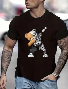 Men's Cartoon Bear Print Round Neck Tee, Regular Fit Casual Short Sleeve T-shirt, Men's Shirt, Summer Outfits, Gift For Boyfriend, graphic tees men