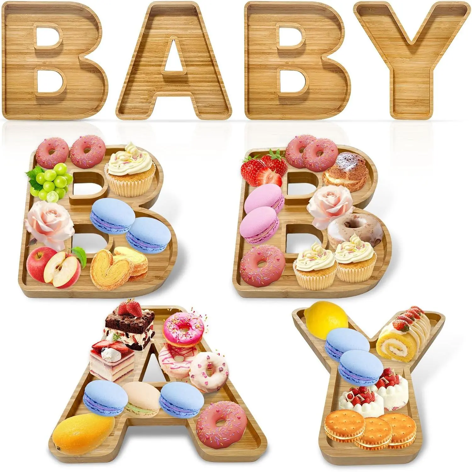 4Pcs Baby Shower Wooden Charcuterie Baby Shaped Letter Serving Tray Board Dish Decorative Platter for Snack Food Cake Cookies for Baby Shower Birthday Party(Wood)