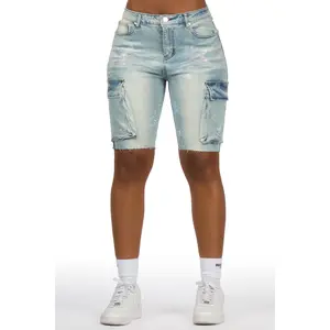 Jaquantae Light Wash Rhinestone Bermuda Short