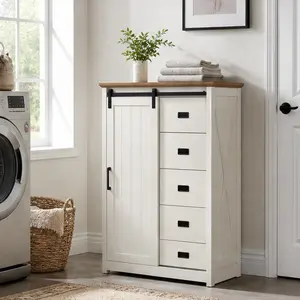 ARCH White Farmhouse 5-Drawer Dresser with Sliding Barn Door, MDF and Metal Tall Chest of Drawers, Storage Organizer Cabinet for Bedroom, Hallway, Living Room, Kids Room, 31.25"W x 15.57"D x 48"H, White Color Options, MDF+Metal Material, Sliding Door, 100