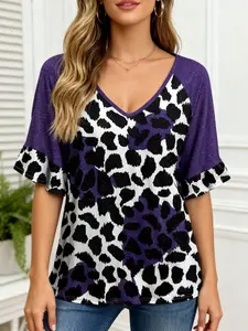Plus Size Women's Spring/summer Short Sleeve T-Shirt, Leopard Print & Ruffle Design, V-Neck Fitted Style for Holiday Wear