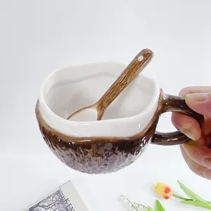 Retro hand-kneaded irregular ceramic mug with spoon coconut cup coffee cup oatmeal breakfast water cup Ceramic Drinkware