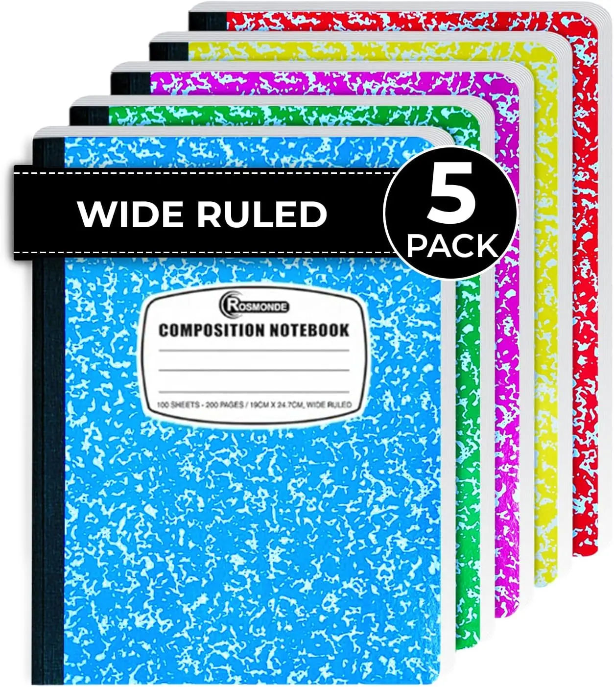 12 Pack Bulk Composition Notebook Wide Ruled, Assorted Colors | Hard Cover Wide Ruled Notebook Bulk, 200 Pages (100 Sheets), 9-3/4 x 7-1/2", Composition Notebooks For School & Office