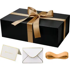 YINUOYOUJIA Large Gift Box with Lid, 14"x9"x4.5" Magnetic Gift Box with Ribbon, Cards and Envelopes for Presents, Great for Wedding, Birthdays, Crafting, Gift Packging (Black)