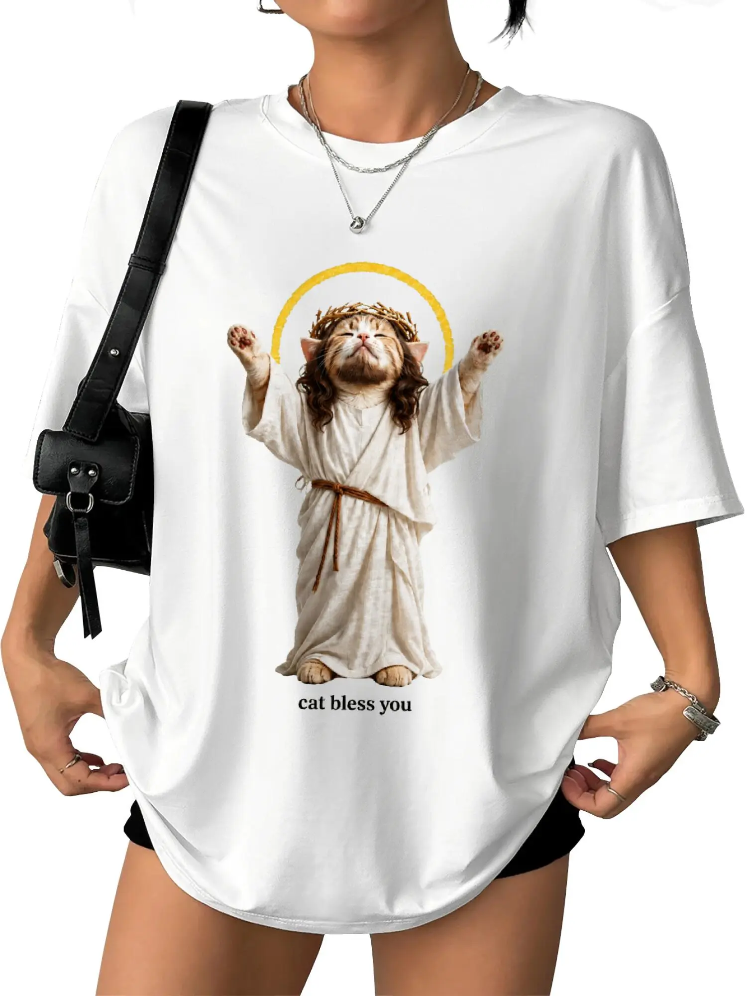 Funny Jesus Cat Graphic T-Shirt, Cat Bless You Religious Humor Tee, Unisex Casual Short Sleeve Top for Men and Women