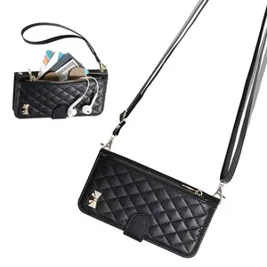 Flap Wallet Card Case for iPhone 12-17, Cute Luxury Bag Design, Soft Silicone Material, Long Shoulder Strap for Convenience