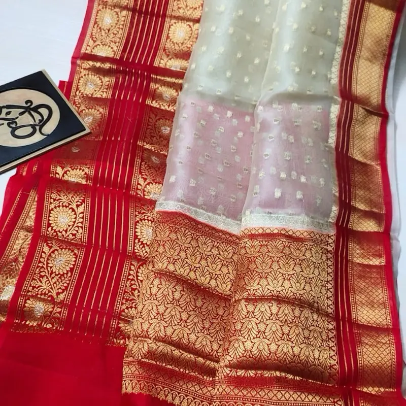 Women's Banarasi Red White Combo Saree for Party Wear & Durga Pooja Festive Occasions