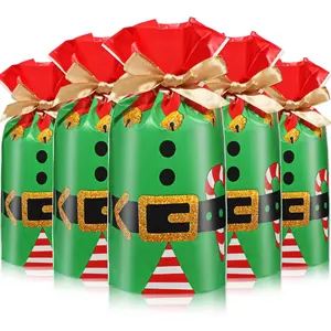 50 Pcs Christmas Drawstring Gift Bags Xmas Holiday Present Wrapping Bags with Drawstring Elf Design Assorted Sizes for Birthday Party Favors Wrapping Gift