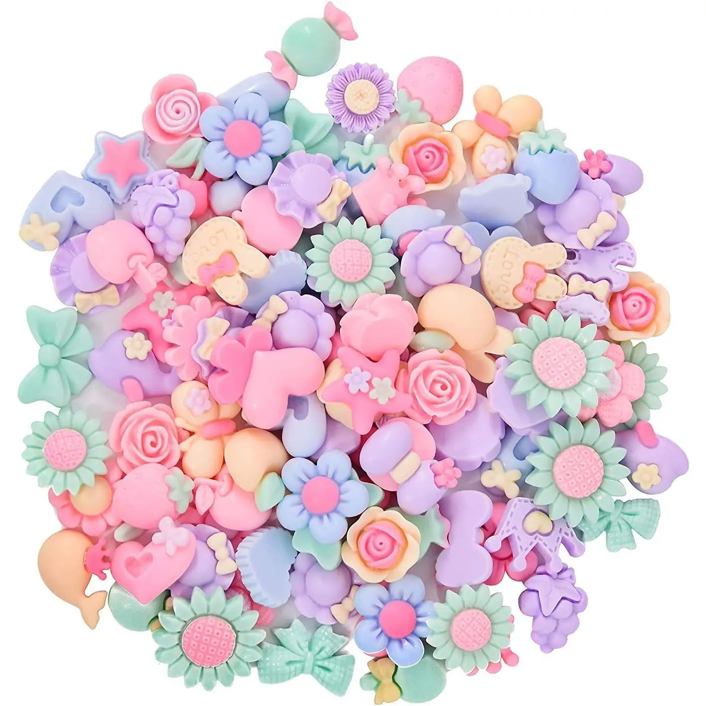100-Count Cute Synthetic Multicolor Resin Gems Flatback Beads and Accessories (15-25 mm) - Candy Color Flower Bow Fruit Buttons for DIY Hair Clips, Crafting Embellishments
