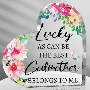 HHeart shaped acrylic godmother ornament with floral and butterfly decorations and exclusive thank-you message, not only a desktop decoration, but also an exquisite souvenir to commemorate the godmother's friendship, Heart Plaque
