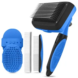 Self Cleaning Shedding Brush - 5-in-1 Professional Pet Grooming Kit Skin Friendly Grooming Tool for Dogs, Cats, and Puppies, Deshedding and Hair Removal for Long and Short Haired Pets, Blue