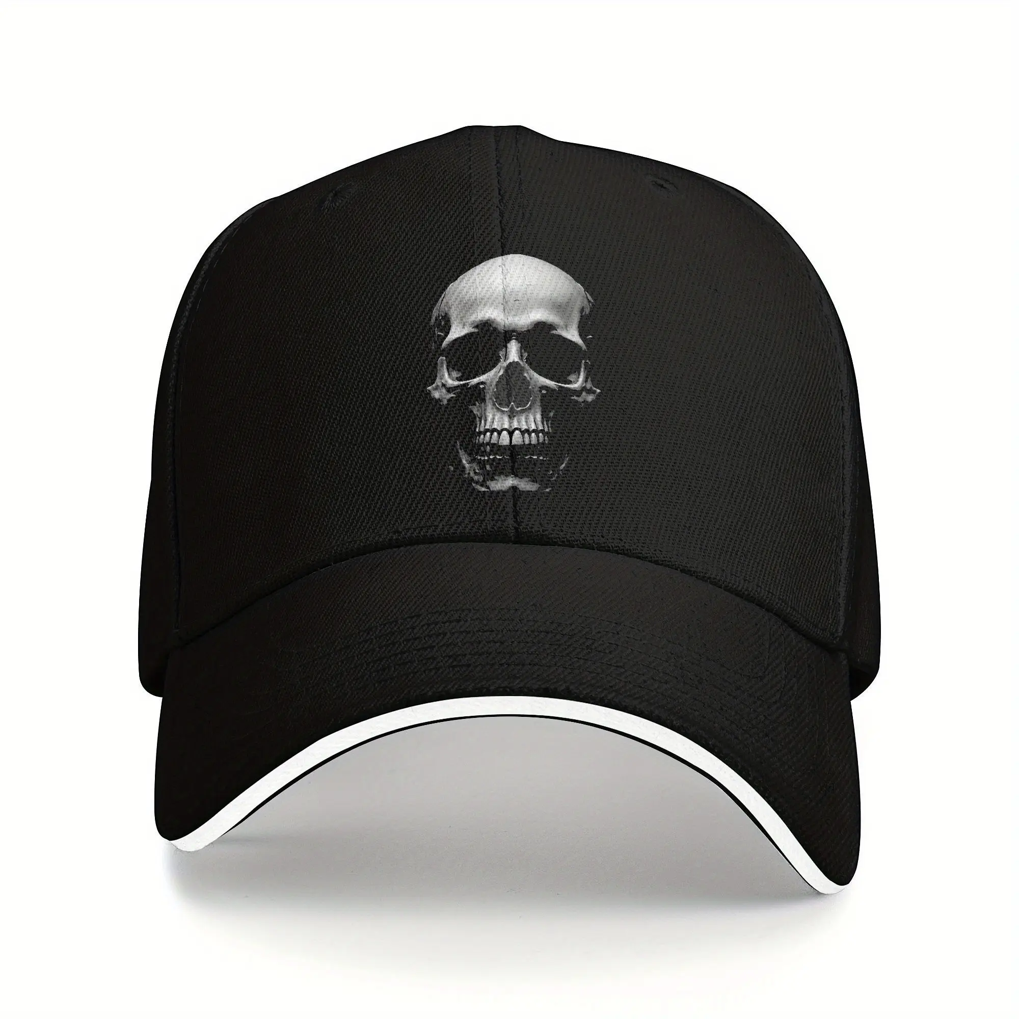 Men's Skull Print Black Polyester Trucker Hat - Breathable Mesh Back, Edgy Fashion Street Accessory, Male UV Protection Outdoor Cap, One Size Breathable Mesh Caps