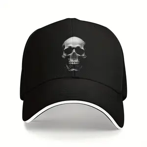 Men'S Skull Graphic Baseball Cap - Casual Black Trucker Hat with Breathable Mesh Back, Stylish Sun Protection for Outdoor Activities, Sun Protection Hat |   Edgy Fashion Accessory |   Polyester Cap