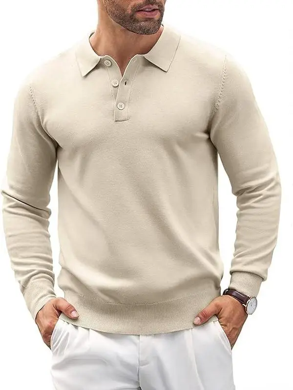 COOFANDY C Fall Outfits Soft Menswear Stretch Knitted Long Sleeve Classic Polo Shirt Button Down Golf Top for Birthday Christmas Gift Machine Washable