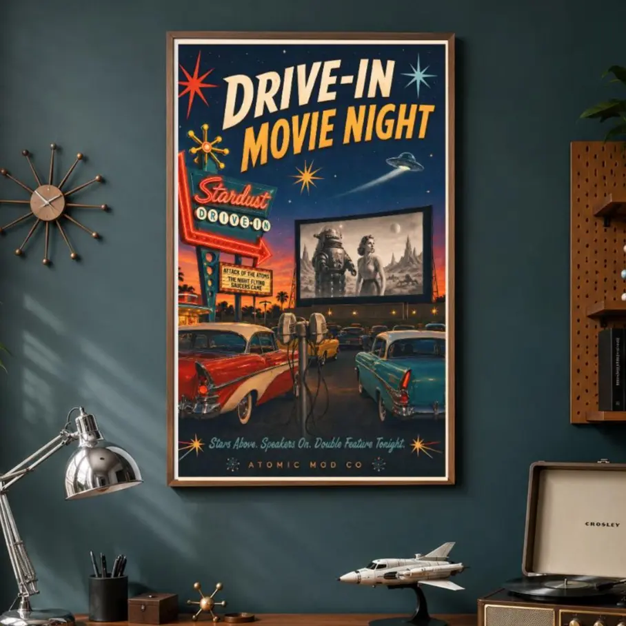Vintage Neon Drive-In Movie Night Paper Poster, 12″ x 18″ Vertical Artistic Photo Print for Home Decor