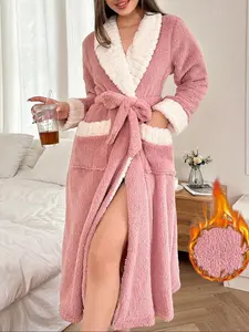 Women's Solid Belted Pocket Fuzzy Bathrobe Housecoat, Casual Long Sleeve Shawl Collar Warm Robe, Ladies Sleepwear for Fall & Winter