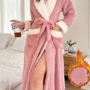 Women's Solid Belted Pocket Fuzzy Bathrobe Housecoat, Casual Long Sleeve Shawl Collar Warm Robe, Ladies Sleepwear for Fall & Winter