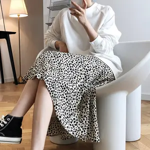 Light Mature Satin Leopard Print Skirt Women High Waist Internet Celebrity Hip Fishtail A- line Skirt