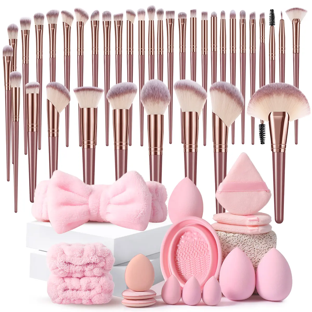 Smooth Cleansing Cosmetics Makeup Tools Set, 52PCS Kit with 36PCS Brushes, 3PCS Beauty Sponges, 3PCS Mini Sponges, 3PCS Triangle Powder Puffs, 3PCS Mini Cushion Powder Puffs, 1PC Hairband, 2PCS Hand Bowl Straps, 1PC Brush Cleaning Tool