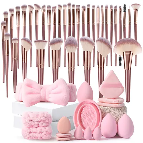 52PCS Synthetic Makeup Brushes & Beauty Tools Set - Smooth Cleansing Kit with Beauty Sponges, Triangle/Mini Cushion Powder Puffs, Hairband, Bowl Straps, Brush Cleaning Tool for Regular Upkeep, Beauty Sponge