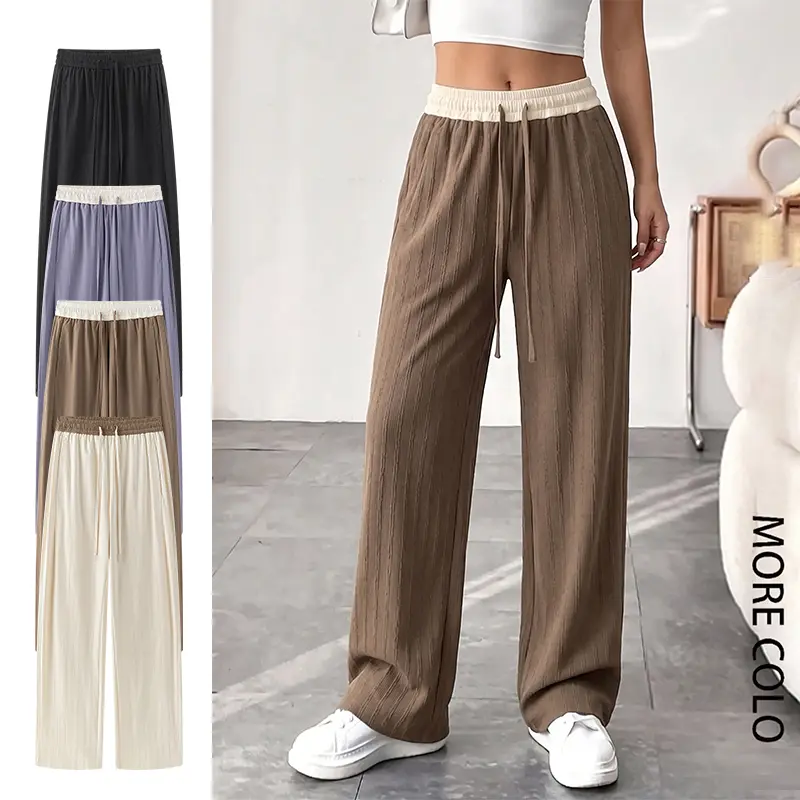 Women’s Plain Textured Baggy Loose Wide-Leg Casual Pants - Contrasting Elastic Waistband with Drawstring Closure, Relaxed Straight Cut, Fluid Drape, Multi-Color Women’s Bottom Clothes for Home & Outdoor Wear, All Seasons