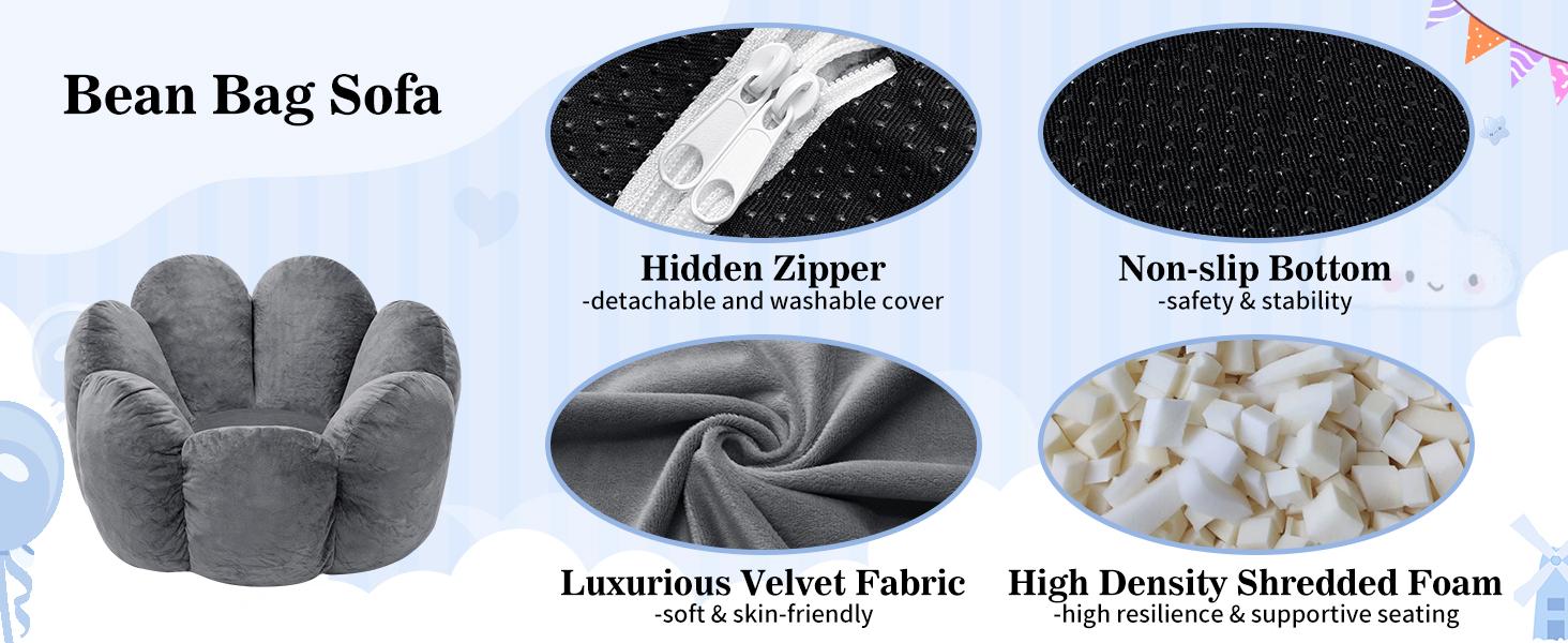 HOMMPA Kids Bean Bag Chair Flower Shape Bean Bag Sofa Comfy Velvet Bean Bag Chair for Kids Boys and Girls Baby Lazy Floor Sofa Chair for Gaming Reading Playing Grey