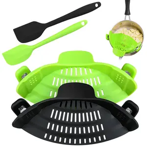 Clip on Strainer for Pots, Pans and Bowls (2 pcs) Adjustable Pasta Strainer with Small Silicone Spatula (2pcs) - Made with Food Grade Silicone Pot Strainer-Universal Fit For All Utensils