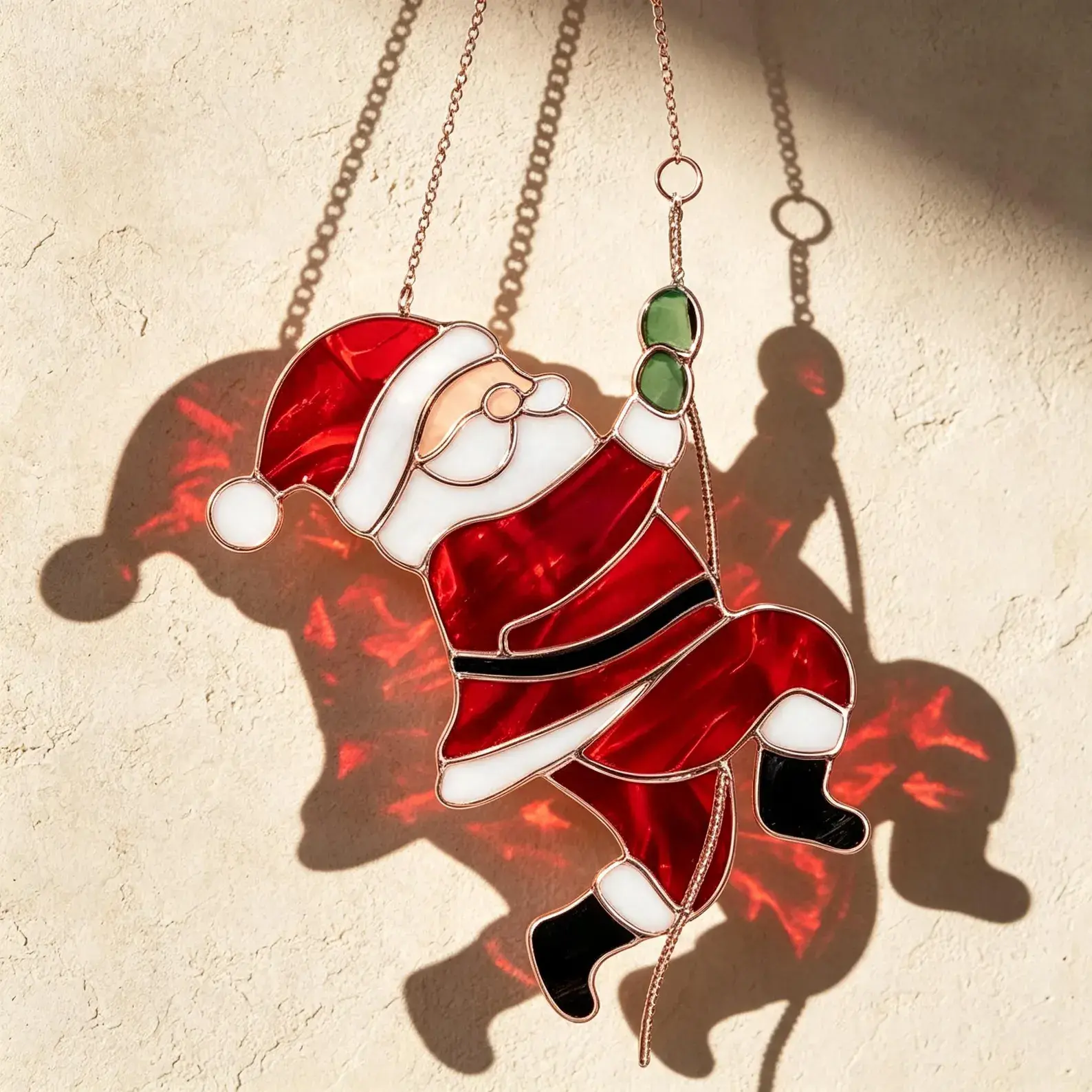 Vintage Christmas Stained Glass Santa Suncatcher Ornament, Festive Hanging Climbing Santa Window Decor, Handcrafted Copper Foil Holiday Glass Art Sun Catcher Gift