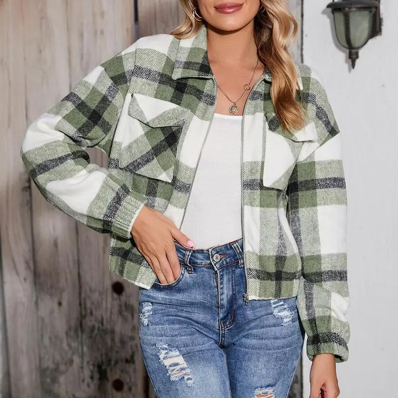 Womens Cropped Flannel Plaid Shacket Zip Up Shirts Jackets with Pockets Coats Tops