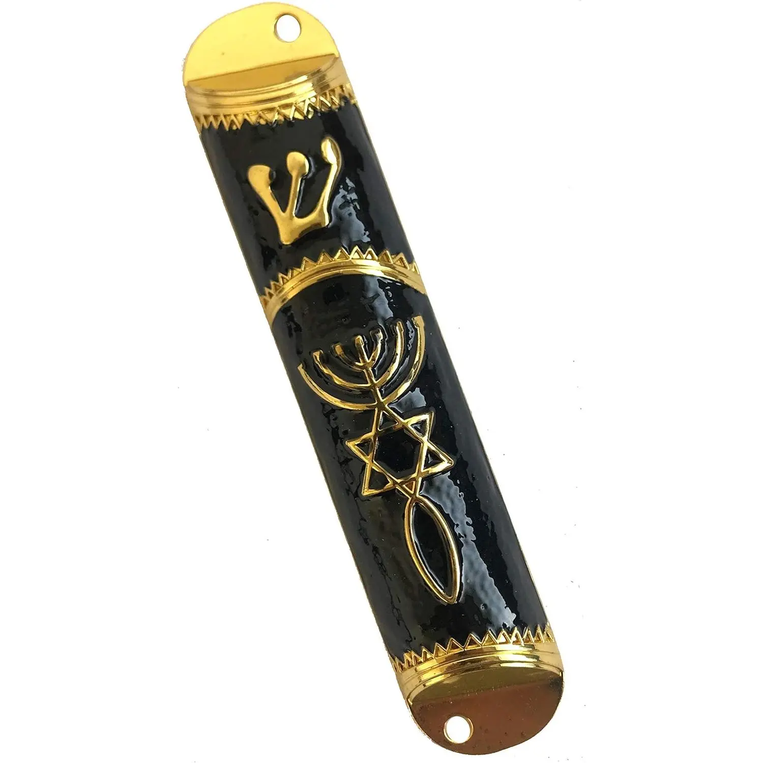 Holy Land Market 4-Inch Religious Metal Mezuzah Case with Scroll - Black with Gold Frame, Etched Symbols, Includes Screws, Indoor/Outdoor Jewish Home Decor Door Mounting Hanging Ornament (Approx 4"), Black - Gold Frame