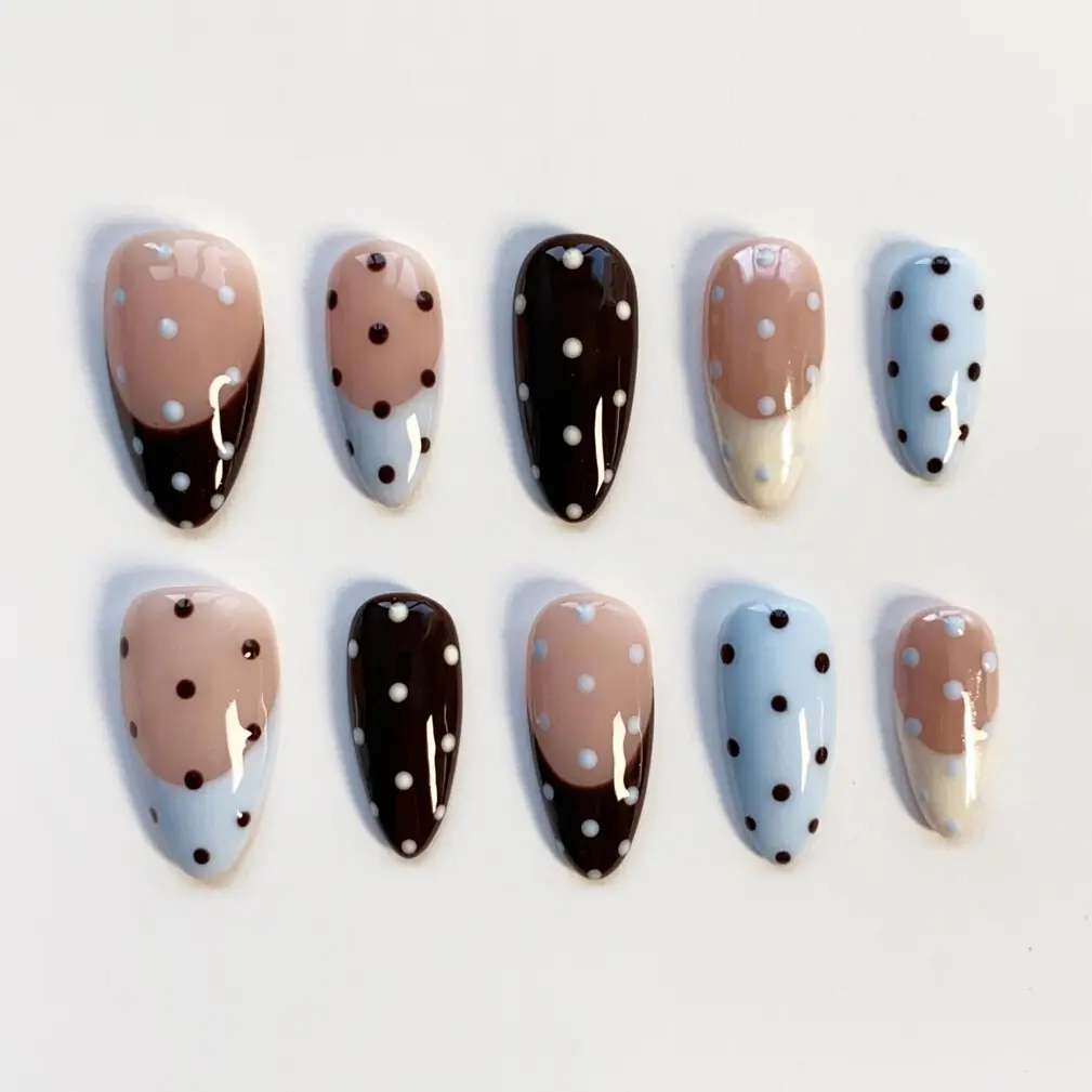 Baby Blue polka dots nails/Cute press on nails long almond nails/Daily Nails/Cute Nails/Kawaii Nails/Birthday Nails/Fall Nails/Custom Nails